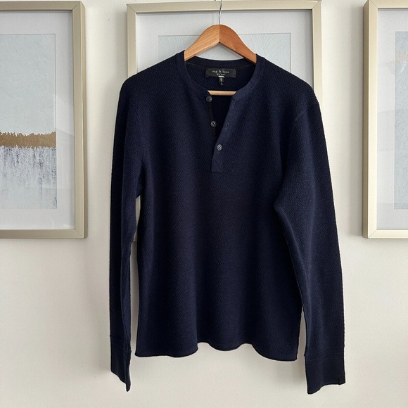 Rag & Bone Henley Shirt Mens Medium Merino Wool Knit Long Sleeve Navy Blue - Picture 2 of 12